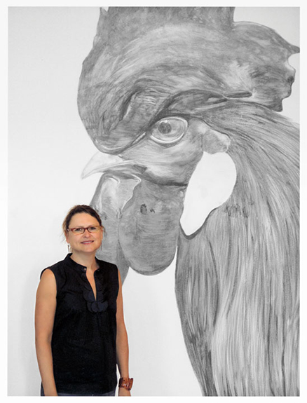 Carmen with rooster installation detail